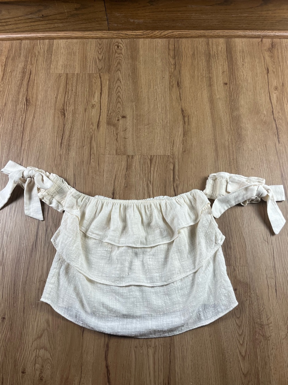 MISA Los Angeles XS Ivory Off Shoulder Ruffle Cotton Gauze Tie Sleeve Top
